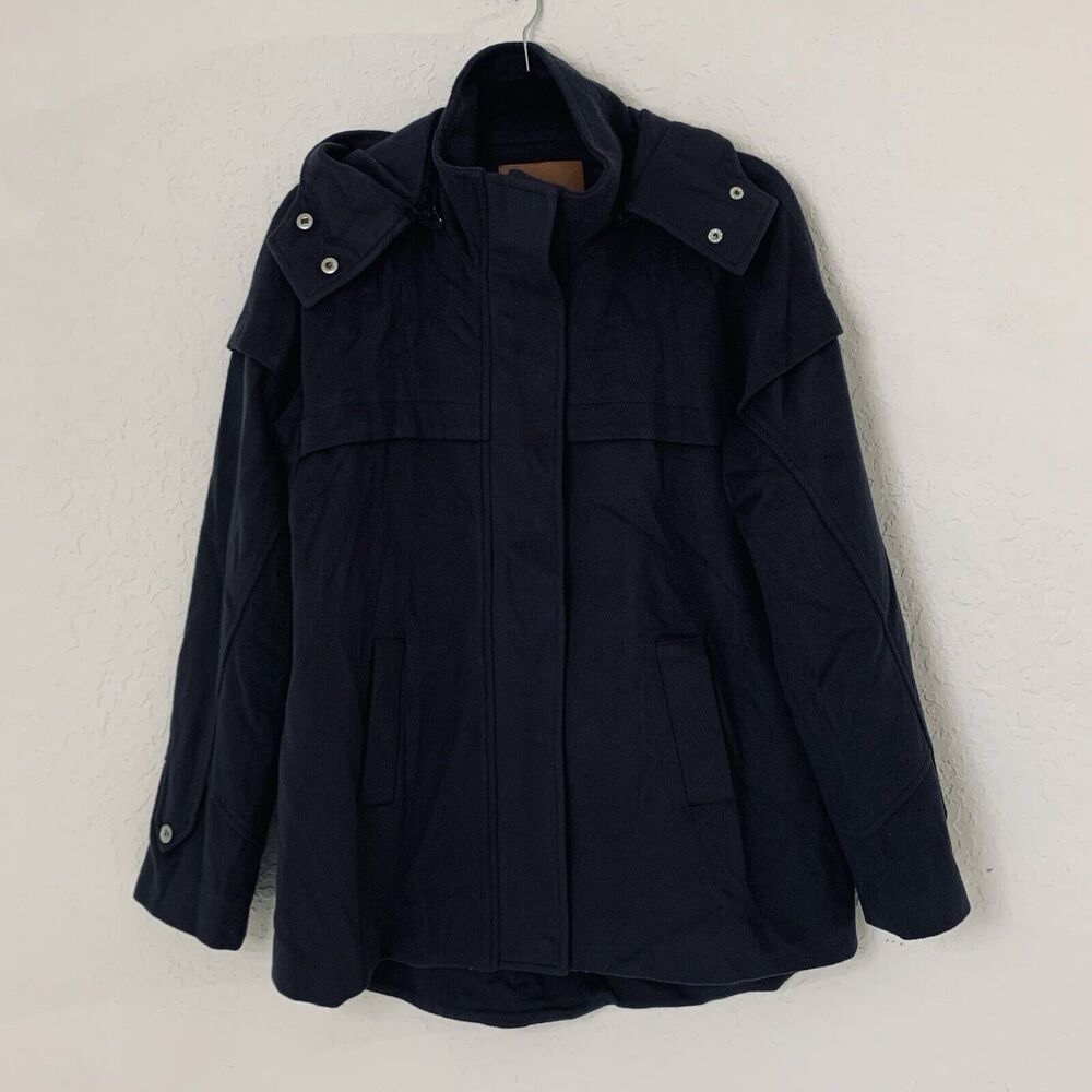 Emu Jacket Women M 100% Merino Wool Dark Blue Hooded Sweater Coat Luxury Travel